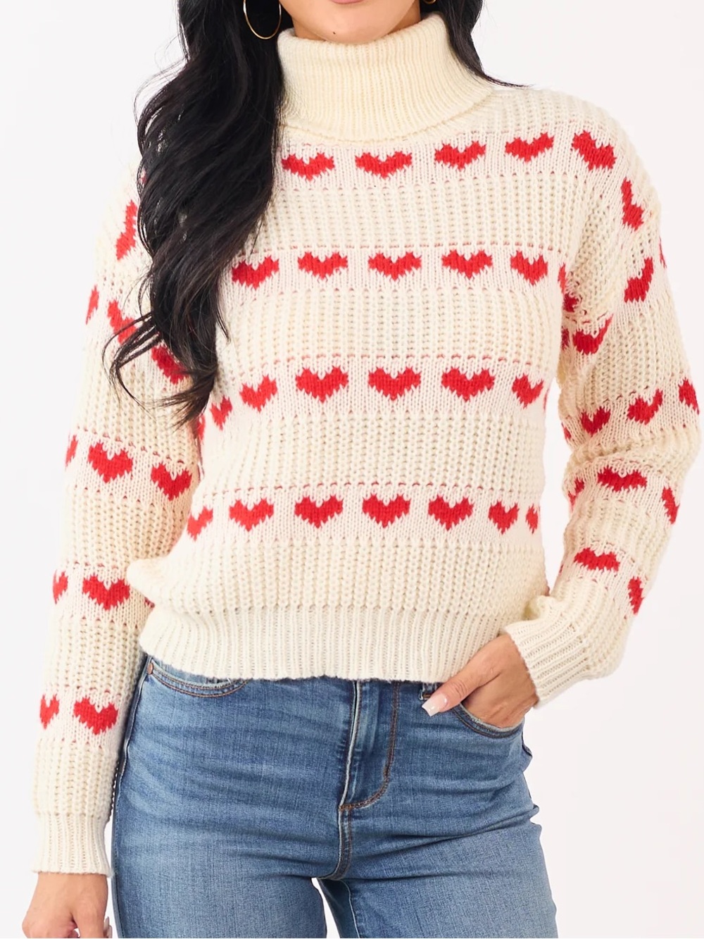 New Cream Heart Print Turtleneck Long Sleeve Sweater  medium and large